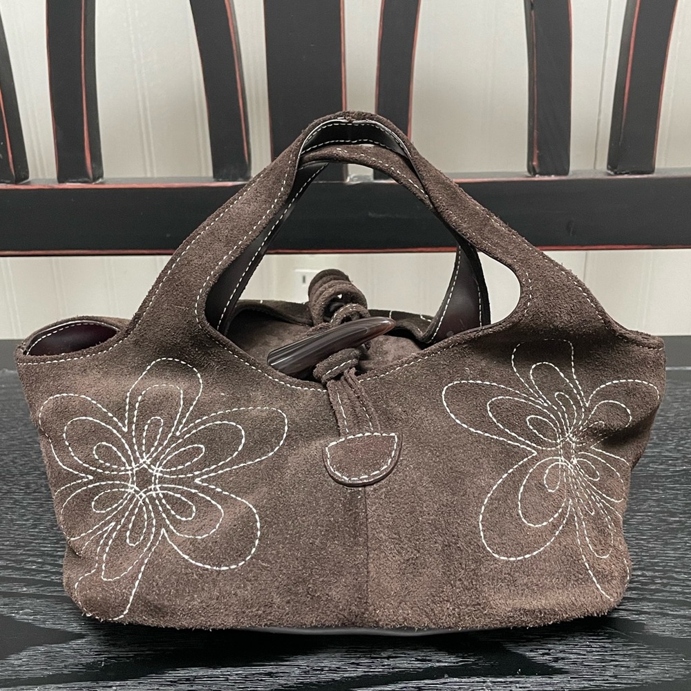 Donna Dixon Small Brown Faux Suede Floral Embroidered Handbag